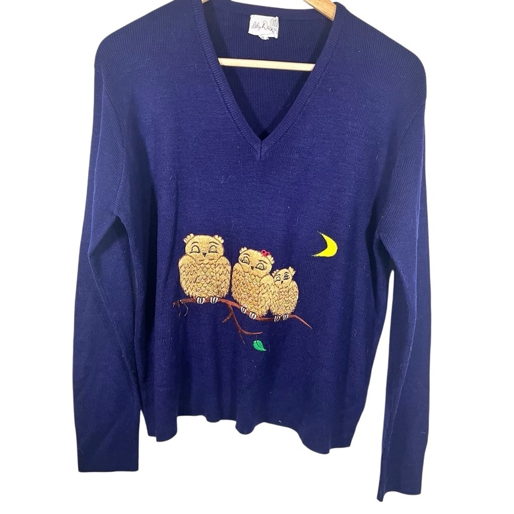Vintage Lilly Dache Navy Blue V Neck 3 Owls Sweater 100% Acrylic Size XL
